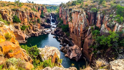 A breathtaking panorama of a canyon, with towering rust-colored rock formations framing a river and waterfall, lush vegetation adding pops of green
