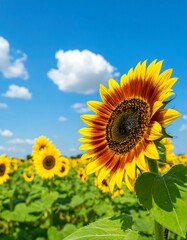 Fototapeta premium Sunflower field under a partly cloudy blue sky