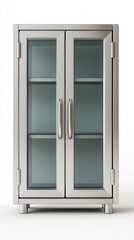 Obraz premium Modern glass display cabinet with sleek metallic frame, white isolated background.