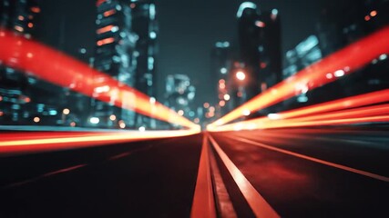 Dynamic city night scene with long exposure light trails from vehicle traffic on a busy urban street, showcasing speed and motion blur. - Powered by Adobe