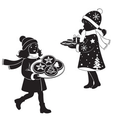 Two Girls in Winter Clothes Carrying Christmas Cookies and Mince Pies Silhouette Vector