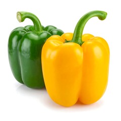 Two bell peppers, one green and one yellow, isolated on a white background