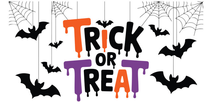 Halloween trick or treat message with bats and cobwebs