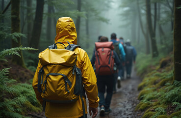 Group of people hike in forest on moody day. Man in yellow raincoat with backpack leads. Others follow on trail. Forest adventure in nature with friends, family.