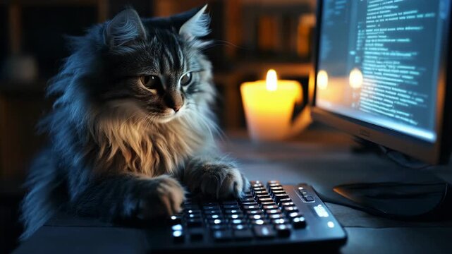 A dedicated female cat programmer working late into the night, immersed in her coding tasks while surrounded by the enchanting atmosphere of cyberspace, fully engaged in her creative digital endeavors