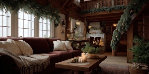 Cozy rustic living room with holiday decorations and candlelit ambiance