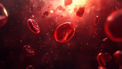 The illustration shows red blood cells in motion within a blood vessel, depicted with a dark red background and bright red cells.