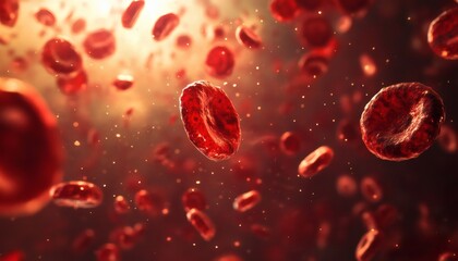 The image shows numerous red blood cells moving through a bloodstream, depicted in a microscopic view with a focus on their individual shapes and distribution.