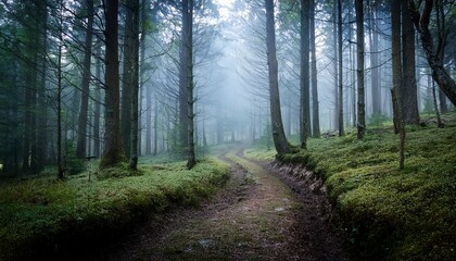 Fototapeta premium Misty Forest Path A Fork In The Road Nature Photography Mysterious Woods