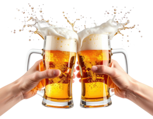 Cheers with beer. Two mugs of light-colored beer, foam, and splashes