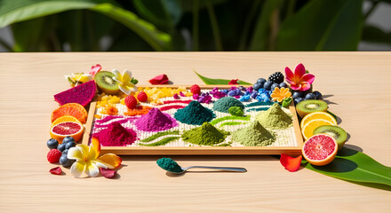 Artistic Display Of Vibrant Powders And Fresh Fruits Is On A Wooden Table