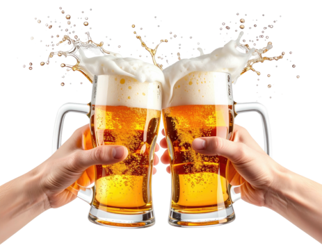 Cheers with beer. Two mugs of light-colored beer, foam, and splashes - Powered by Adobe