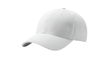 A close up view of a plain white baseball cap isolated against a black background in a studio shot on transparent background