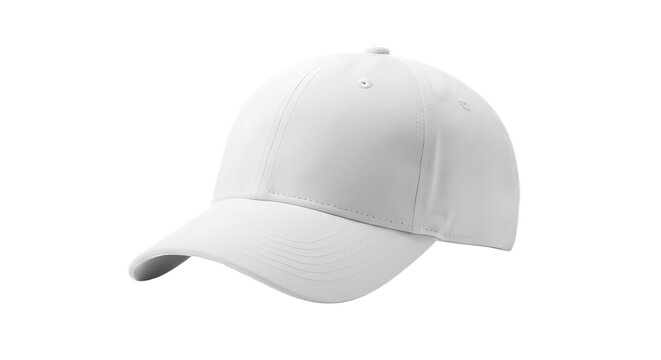 A close up view of a plain white baseball cap isolated against a black background in a studio shot on transparent background