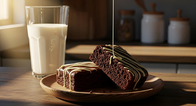 Artistic Representation of Brownies and Milk Arrangement, Culinary Delight Photography