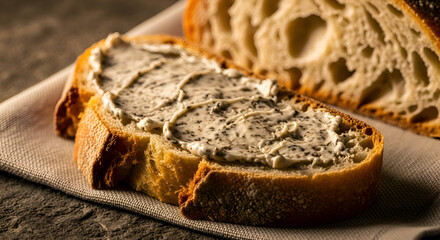 Artisanal Crusty Bread Slices With Whipped Spread On Rustic Linen Surface
