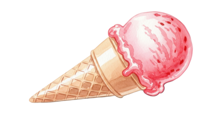 A watercolor-style strawberry ice cream cone with soft pastel red tones, gentle texture, shadow for realism, playful scrapbook aesthetic, isolated on white background