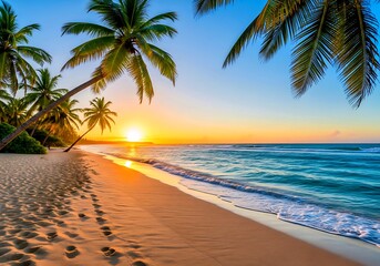 Escape to paradise beach with crystal blue water and palm tree