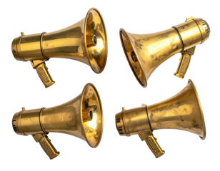 Four golden megaphones arranged in a square
