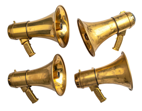 Four golden megaphones arranged in a square