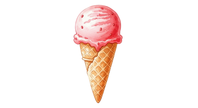 A watercolor-style strawberry ice cream cone with soft pastel red tones, gentle texture, shadow for realism, playful scrapbook aesthetic, isolated on white background