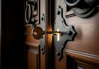 Unlock new opportunities with a key revealing light in an old door