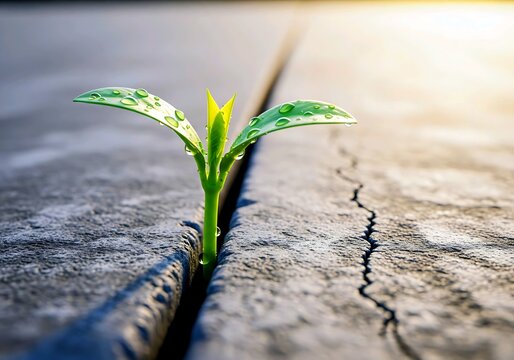 Resilient seedling emerges from crack, symbolizing hope and new beginnings