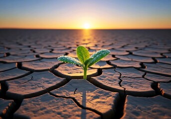 Hopeful sprout growing in cracked earth at sunrise symbolizing resilience