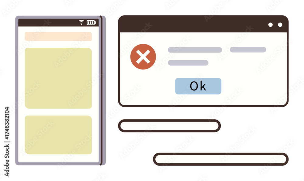 Wall mural web browser error alert with red cross and ok button alongside a mobile screen layout. ideal for tec