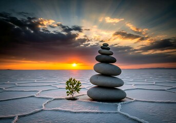 Find inner peace with stunning sunset over stacked stones and small tree