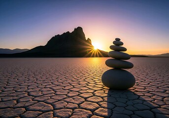 Find inner peace stacking stones at sunset in desert landscape scenery