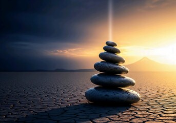 Zen stones balanced at sunset evoke peace and mindful serenity