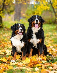 Two Bernese Mountain Dogs in Autumn Leaves