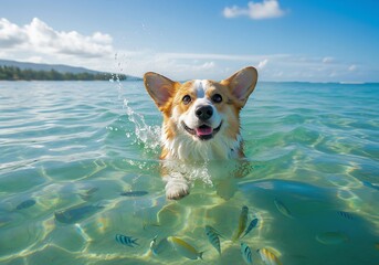 Happy corgi splashing around in bright turquoise ocean water on vacation