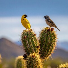 Two birds perched on a prickly pear cactus against a desert landscape