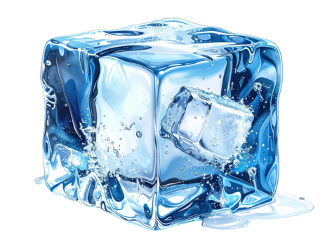A large, detailed ice cube, melting slightly