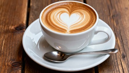 Obraz premium A latte with heart-shaped foam sits on a saucer with a spoon on wood. 