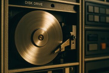 An up-close, detailed shot unveils the inner workings of a classic disk drive, showcasing its metallic components in a nostalgic look.