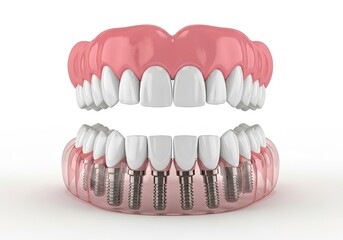 Obraz premium Complete Dental Prosthesis Model on White Background, Showing Implants and Gum Structures