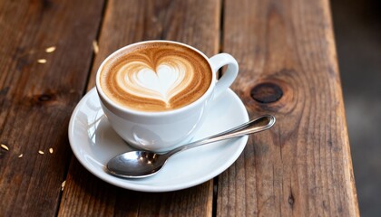Obraz premium A latte with heart-shaped foam sits on a saucer with a spoon on wood. 
