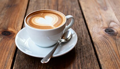 Obraz premium A latte with heart-shaped foam sits on a saucer with a spoon on wood. 