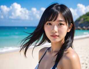a female model gazing at the beach

