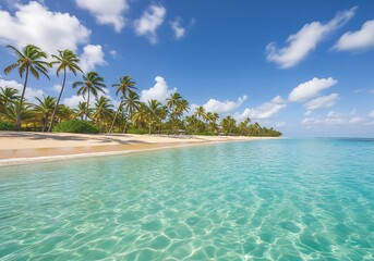 Relax on tropical beach with crystal clear water and palm trees