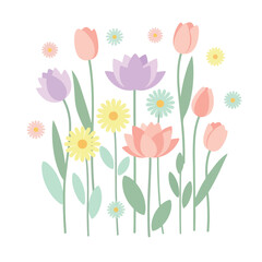 Obraz premium Pastel flowers blooming in a garden with tulips, lotuses, and daisies creating a soft, whimsical, and cheerful springtime scene.
