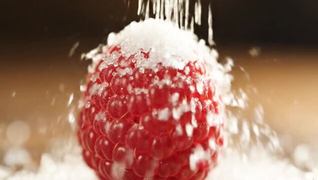 Sparkling raspberry being sprinkled with sugar for a delicious dessert creation, perfect for healthy eating campaigns and tempting food photography