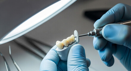 Closeup dental technicians gloved hands using rotary tool to shape dental bridge, highlighting precision and craftsmanship in laboratory setting