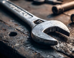 A well-maintained metal wrench rests on a mechanic's desk, signifying expert use, professional skill, and high-quality craftsmanship in the industrial trade.