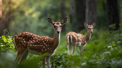 Two spotted deer gracefully stand amidst lush green forest foliage, bathed in soft, dappled sunlight creating a serene wildlife scene.