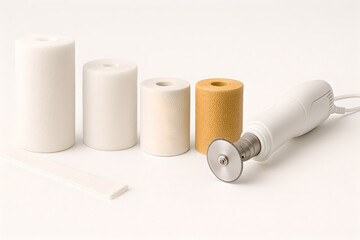 3D medical illustration set of forearm cast care: step-by-step padding, stockinette, fiberglass wrap, and smooth finish; product-shot of casting materials; close-up gloved hands; alignment infographic