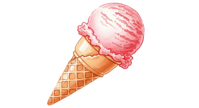 A watercolor-style strawberry ice cream cone with soft pastel red tones, gentle texture, shadow for realism, playful scrapbook aesthetic, isolated on white background
